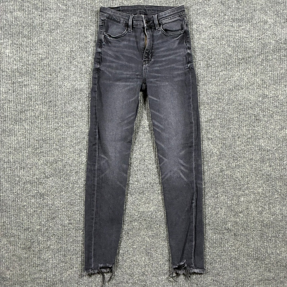 American Eagle Womens Skinny Jeans 2 Regular Black Denim Raw Hem Super Stretch